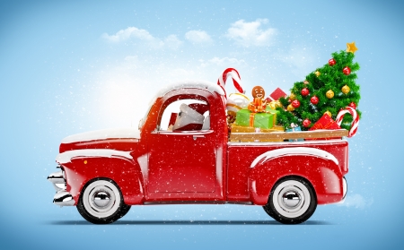 Merry Christmas! - red, vector, christmas, blue, fantasy, car, gift, santa, tree, green