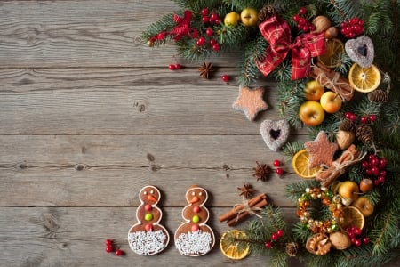 Merry Christmas! - apple, craciun, snowman, christmas, wood, card, fruit, deco, gingerbread