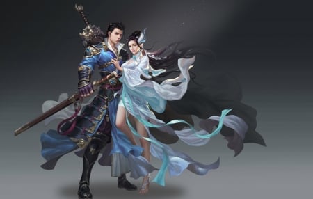 Fantasy couple - game, blue, girl, man, fantays, frumusete, grey, woman, couple, asian, luminos