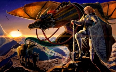 Knight girl and dragon - wing, blue, girl, orange, knight, armor, fantasy, dragon, shield, luminos