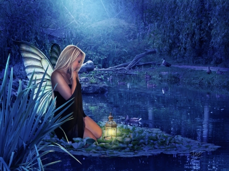 Fairy - girl, blue, light, energiaelca1, night, fairy, fantasy