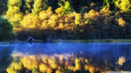 Autumn Boathouse - nature, autumn, lake, trees, reflection, boathouse