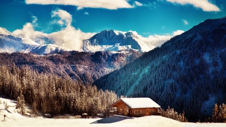 Winter Landscape - cottage, nature, trees, clouds, snow, winter, mountains