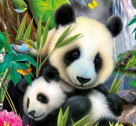 Panda bears - flower, animal, pink, cute, black, mother, art, white, cub, bear, pictura, painting, panda