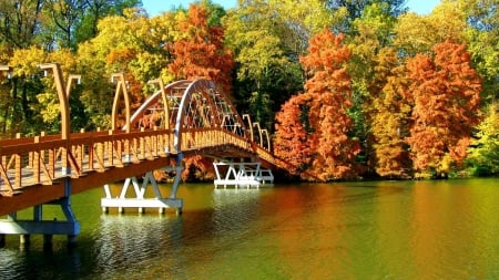 Fall Colors - river, leaves, bridge, trees, autumn