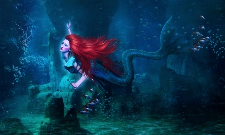 MERMAID - HAIR, FEMALE, MERMAID, RED, OCEAN, FISH