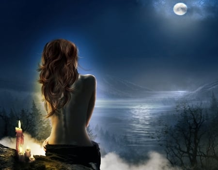 MOONLIGHT SHADOW - MOON, CANDLE, SKY, REFLECTIONS, FEMALE