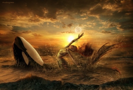 SUNSET BALLET - sky, ocean, ballet, mermaid, orca, sunset