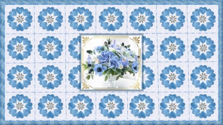 Misty Blue - white, blue, flowers, frame, quilting