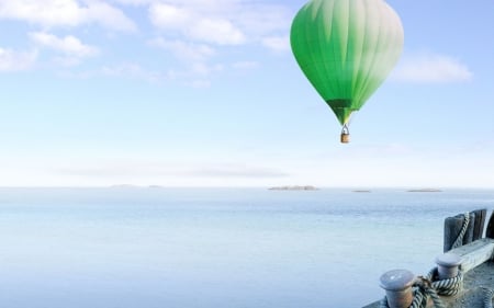 Green balloon over the sea - nature, fun, ocean, cool, green balloon