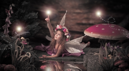 Little fairy - mushroom, girl, wings, copil, wreath, child, fantasy, creative, pink, fairy, little, flower