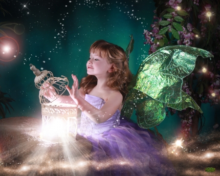 Little fairy - girl, creative, copil, child, fantasy, purple, green, wings, fairy, little