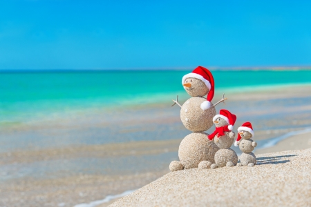 Merry Christmas! - hat, snowman, summer, blue, beach, sea, christmas, santa, craciun, funny, red, cute