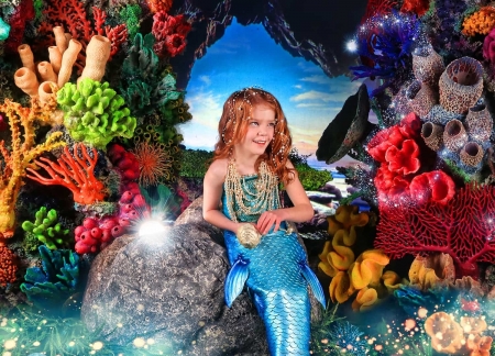 Little mermaid - girl, mermaid, colorful, child, summer, copil, recif, little