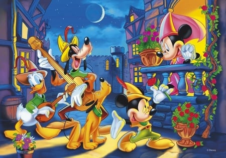 Serenade - minnie, mickey mouse, fantasy, serenade, balcony, dog, goofy, dinsey, donald duck