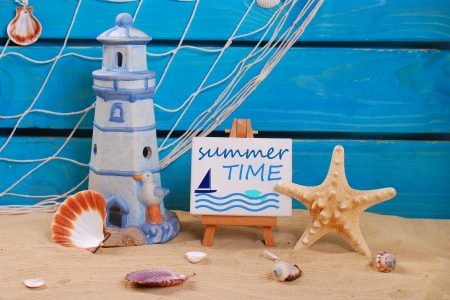 Summer time - shell, starfish, lighthouse, summer, blue, card