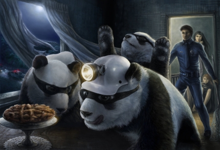 Plans gone wrong - pie, bear, funny, fantasy, cute, luminos, panda, gazer777