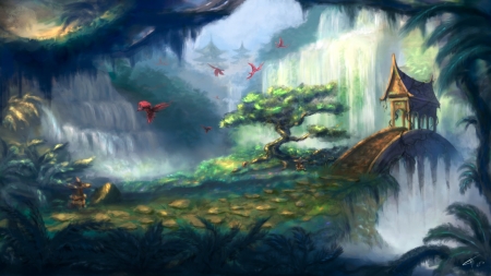 Secret garden - bird, waterfall, tamikaproud, art, fantasy, pasare, secret garden, tree, luminos, green