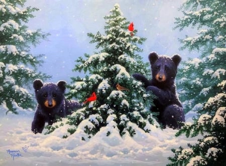 O Christmas Tree - attractions in dreams, xmas and new year, bears, forests, winter, christmas, nature, cardinals, christmas tree, love four seasons, holidays, winter holidays, snow, paintings