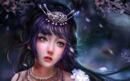 Beauty - face, flower, purple, cao yuwen, girl, frumusete, fantasy, petals, asian, luminos