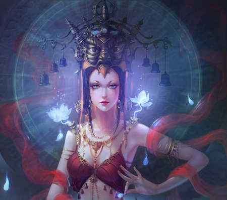 Queen of Huaban - red, fantasy, gjschoolart, hand, luminos, girl, frumusete, blue