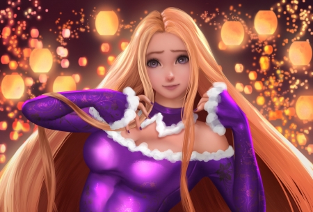 Rapunzel - rapunzel, girl, blonde, pink, lantern, fantasy, purple, nef rubi, art, luminos