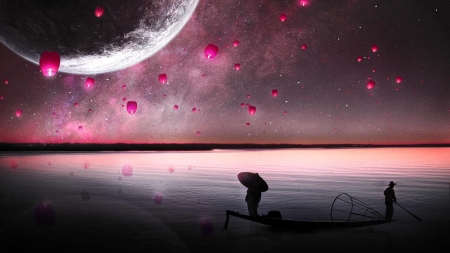 Pink lanterns - moon, water, summer, fantasy, lantern, man, umbrella, luminos, luna, planet, boat, steven khong