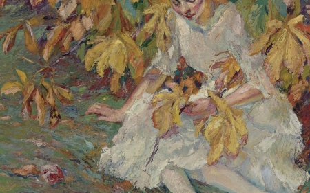 In the autumn sun - woman, autumn, girl, edward cucuel, leaf, painting, white, art, yellow, hand, luminos, pictura, golden