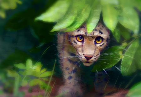 Shy - cub, cat, eyes, leaf, painting, leopard, art, big, pictura, green, animal, cute