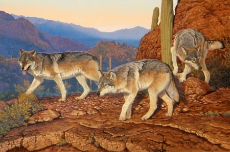 Wolves - wolf, pictura, lup, orange, luminos, painting, al agnew, art