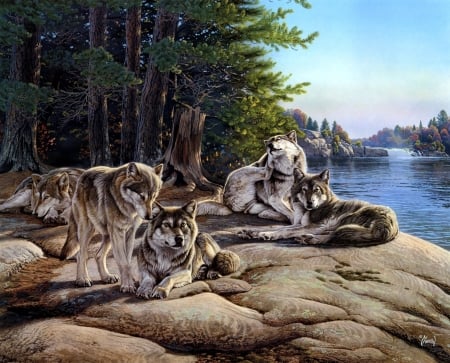 Wolves - forest, wolf, pictura, water, lup, painting, al agnew, art