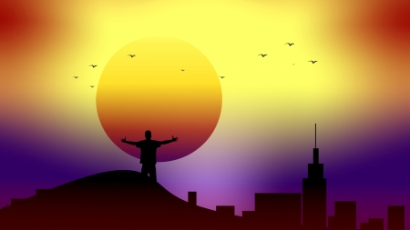 Sunset - silhouette, purple, yellow, man, orange, sunset, fantasy, bird