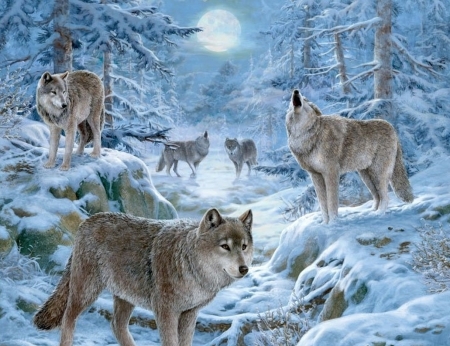 Wolves - moon, iarna, lup, winter, fantasy, wolf, painting, white, blue, luminos, animal, pictura, luna