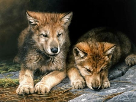 Wolf cubs - cub, wolf, animal, pictura, cute, lup, painting, art