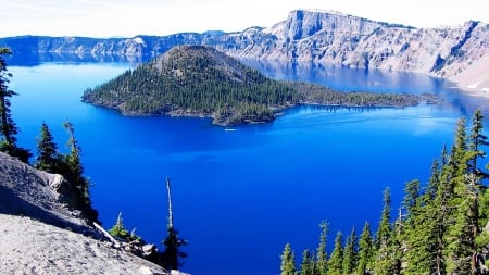 Mountain in the Center of the Lake - nature, lake, trees, mountain, blue, water