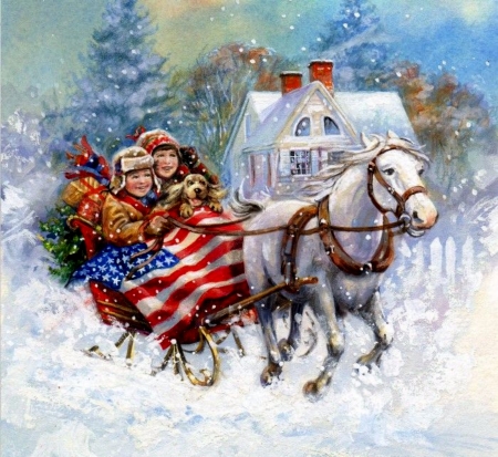 Vintage Christmas - children, horse, sleigh, snow, house, christmas