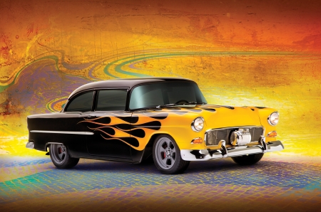 1955-Chevy-Street-Rodder - GM, Flames, Black, Classic