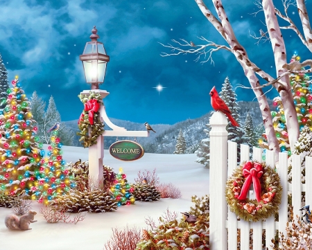 Holiday Welcome - Christmas Tree, winter, attractions in dreams, paintings, snow, holidays, xmas and new year, cardinals, nature, wreathes, Christmas, love four seasons, winter holidays