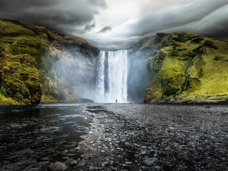 The Picturesque Waterfall,Iceland - moss, water, clouds, waterfall, iceland, nature, mountain, green