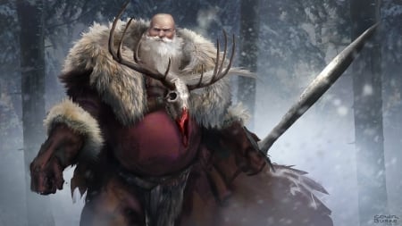 Barbarian Santa - winter, conorburkeart, old man, horns, christmas, santa, fantasy, animal, craciun, red, barbarian, shull, reindeer, luminos