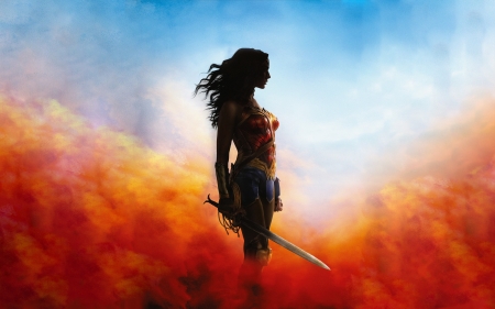 Wonder Woman - wonder woman, silhouette, movie, poster, comics, blue, gal gadot, orange, sword