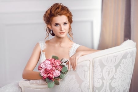 Bride - bride, white, sofa, woman, model, girl, flower, pink