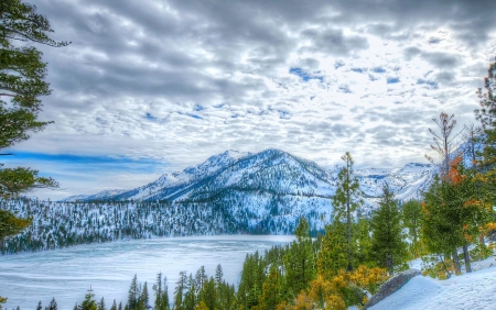 Lake Tahoe in Late Autumn - california, fall, trees, snow, colors, mountains