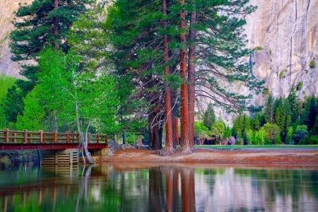 Yosemite National Park - bridge, mountain, trees, riwer