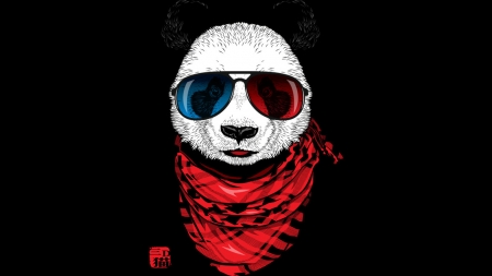 The happy adventurer - panda, bear, black, fantasy, white, scarf, red, jun087, sunglasses