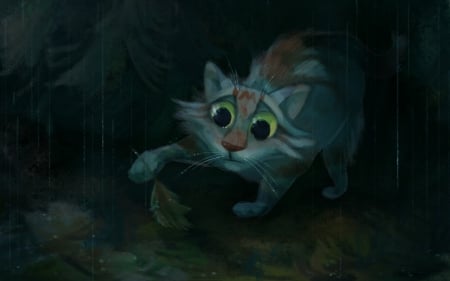 Rainy - pisica, fantasy, rain, cat, leaf, speedienth, autumn, art