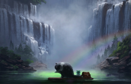 Cat - water, summer, cat, andrew palyanov, fantasy, pisica, animal, waterfall, rainbow, luminos