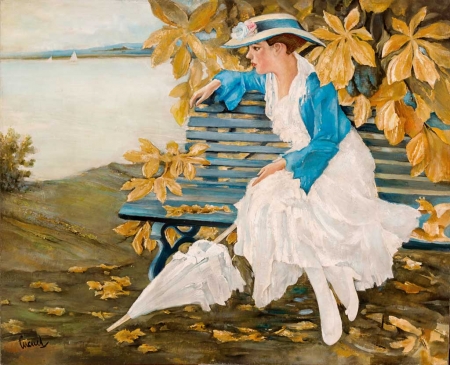 Autumn memories - hat, yellow, blue, edward cucuel, pictura, umbrella, autumn, painting, woman, leaf, art, luminos, park