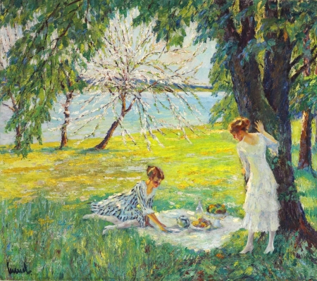 The picnic - girl, spring, edward cucuel, tree, pictura, green, painting, woman, art