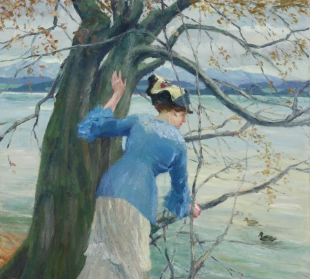 The old oak - woman, hat, edward cucuel, white, painting, art, oak, blue, pictura, tree